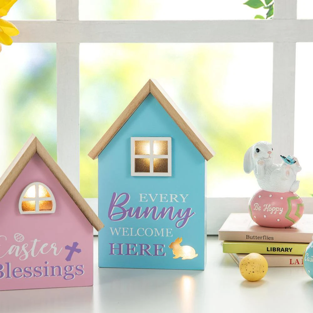 6 In. /8 In. H (Set Of 2) Lighted Easter Wooden House-shaped Table Decor 5 6 In. /8 In. H (Set Of 2) Lighted Easter Wooden House-shaped Table Decor - Image 5
