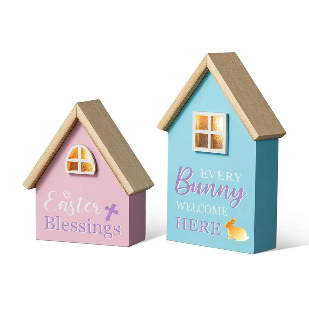 6 In. /8 In. H (Set Of 2) Lighted Easter Wooden House-shaped Table Decor 1 6 In. /8 In. H (Set Of 2) Lighted Easter Wooden House-shaped Table Decor