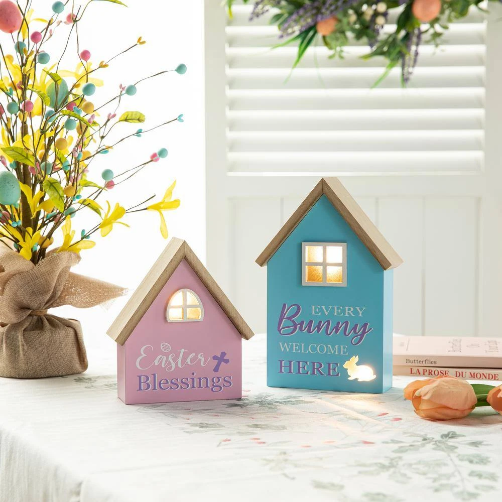 6 In. /8 In. H (Set Of 2) Lighted Easter Wooden House-shaped Table Decor 2 6 In. /8 In. H (Set Of 2) Lighted Easter Wooden House-shaped Table Decor - Image 2