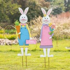 Metal Bunny Boy And Girl's Yard Stake Or Standing Decor Or Wall Decor (Set Of 2) -The Home Depot Shop glitzhome easter decorations 2014600089 1f 1000