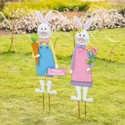 Metal Bunny Boy And Girl's Yard Stake Or Standing Decor Or Wall Decor (Set Of 2) -The Home Depot Shop glitzhome easter decorations 2014600089 44 1000
