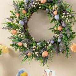 22in. D Easter Eggs And Lavender Wreath -The Home Depot Shop glitzhome easter decorations 2015500003 4f 1000