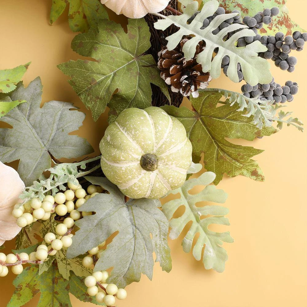 22 In. D Pumpkin Artificial Christmas Wreath With Green Leaf And Berries 4 22 In. D Pumpkin Artificial Christmas Wreath With Green Leaf And Berries - Image 4