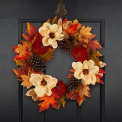 22 In. D Blooming Magnolia Artificial Christmas Wreath With Velvet Pumpkin And Pinecone -The Home Depot Shop glitzhome fall wreaths 2005500029 1f 1000