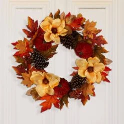 22 In. D Blooming Magnolia Artificial Christmas Wreath With Velvet Pumpkin And Pinecone -The Home Depot Shop glitzhome fall wreaths 2005500029 31 1000
