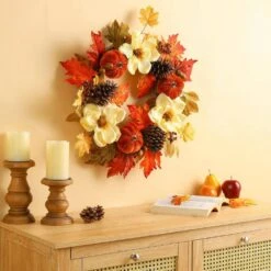 22 In. D Blooming Magnolia Artificial Christmas Wreath With Velvet Pumpkin And Pinecone -The Home Depot Shop glitzhome fall wreaths 2005500029 4f 1000