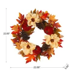 22 In. D Blooming Magnolia Artificial Christmas Wreath With Velvet Pumpkin And Pinecone -The Home Depot Shop glitzhome fall wreaths 2005500029 c3 1000