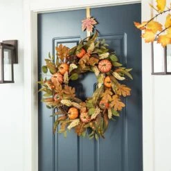 24 In. D Fall Unlit Pumpkin Leaf Floral Wreath -The Home Depot Shop glitzhome fall wreaths 2006300035 77 1000
