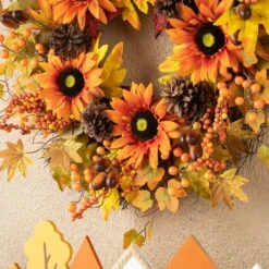 24 In. D Unlit Fall Sunflower, Maple Leaf And Berry Wreath -The Home Depot Shop glitzhome fall wreaths 2006300037 44 1000