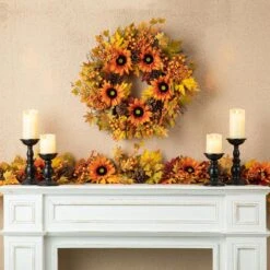 24 In. D Unlit Fall Sunflower, Maple Leaf And Berry Wreath -The Home Depot Shop glitzhome fall wreaths 2006300037 77 1000