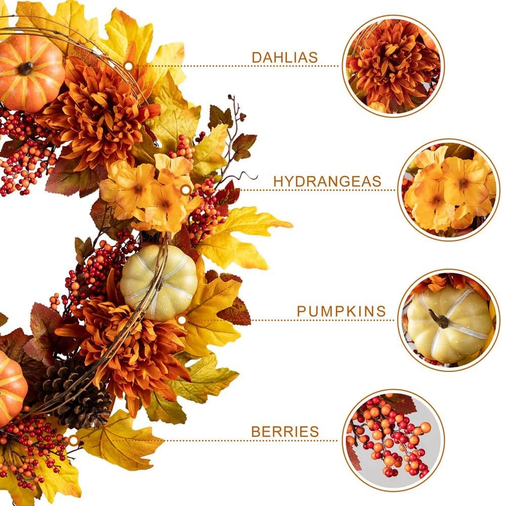 24 In. D Fall Unlit Dahlia Pumpkin, Leaf And Berry Wreath 7 24 In. D Fall Unlit Dahlia Pumpkin, Leaf And Berry Wreath - Image 7
