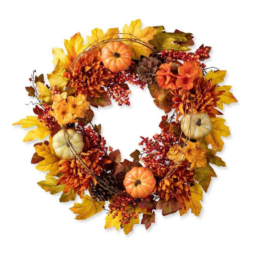 24 In. D Fall Unlit Dahlia Pumpkin, Leaf And Berry Wreath 1 24 In. D Fall Unlit Dahlia Pumpkin, Leaf And Berry Wreath