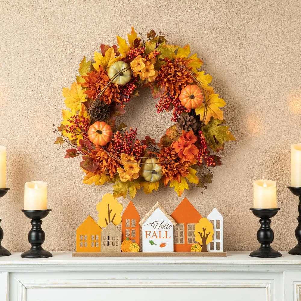 24 In. D Fall Unlit Dahlia Pumpkin, Leaf And Berry Wreath 3 24 In. D Fall Unlit Dahlia Pumpkin, Leaf And Berry Wreath - Image 3