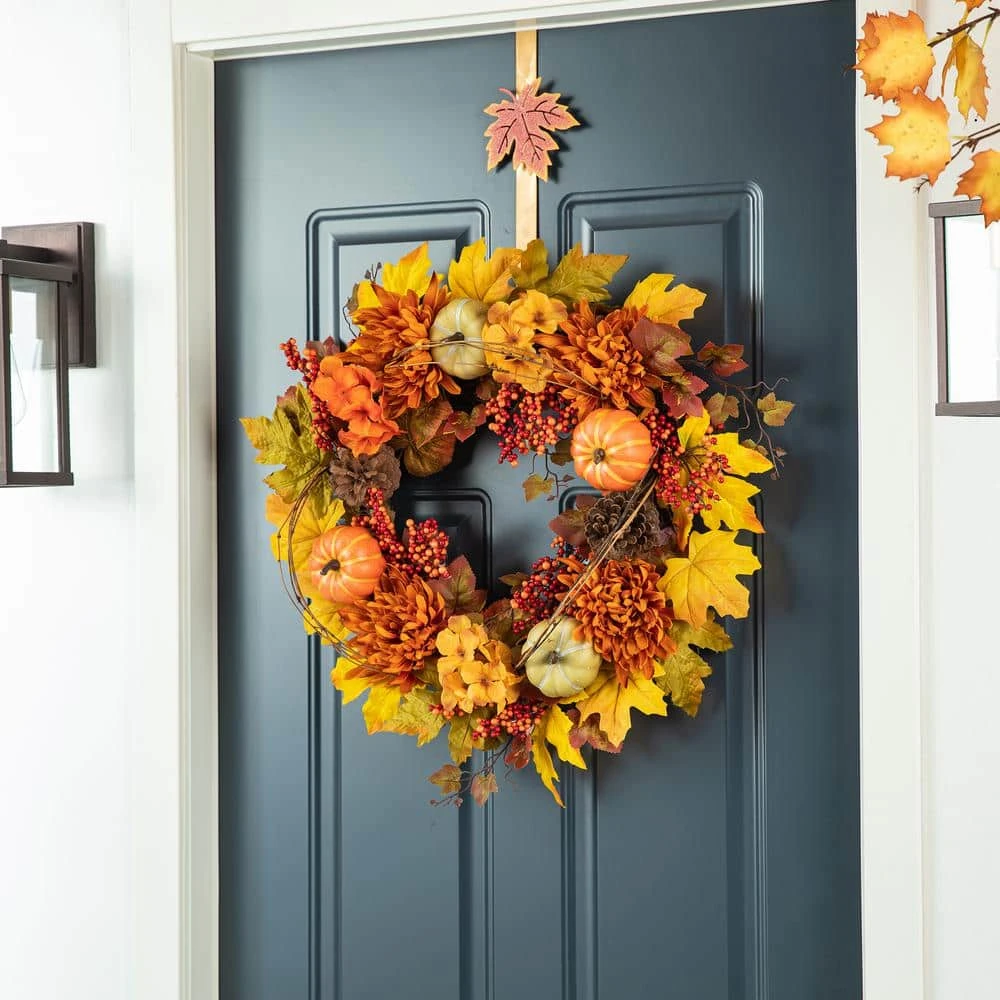 24 In. D Fall Unlit Dahlia Pumpkin, Leaf And Berry Wreath 2 24 In. D Fall Unlit Dahlia Pumpkin, Leaf And Berry Wreath - Image 2