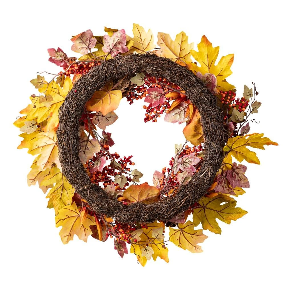 24 In. D Fall Unlit Dahlia Pumpkin, Leaf And Berry Wreath 8 24 In. D Fall Unlit Dahlia Pumpkin, Leaf And Berry Wreath - Image 8
