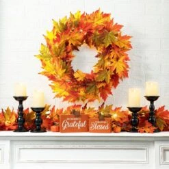 24 In. Dia Fall Lighted Maple Leaves Artificial Fall Wreath