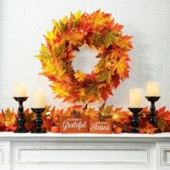 24 In. D Fall Lighted Maple Leaves Artificial Christmas Wreath And Lighted Fall Maple Leaves Garland (3-Pack) -The Home Depot Shop glitzhome fall wreaths 2019500009 4f 1000