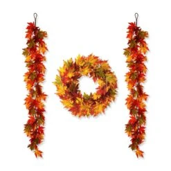 24 In. D Fall Lighted Maple Leaves Artificial Christmas Wreath And Lighted Fall Maple Leaves Garland (3-Pack)