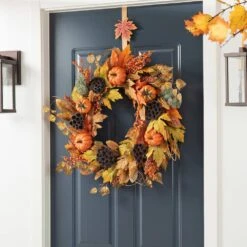 24 In. D Fall Pumpkin Leaf Floral Unlit Wreath -The Home Depot Shop glitzhome fall wreaths 2019500013 77 1000