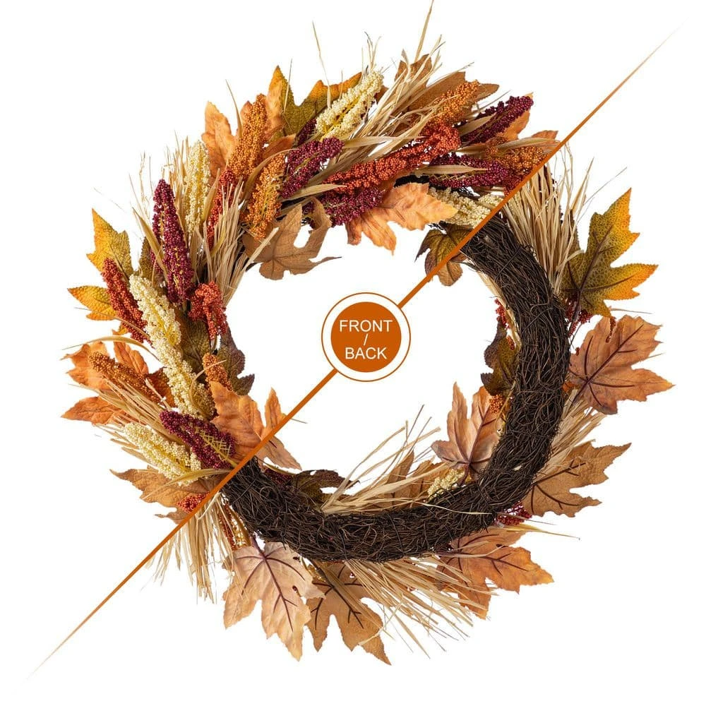 24 In. D Fall Unlit Multi-Colored Sorghum Artificial Christmas Wreath Includes A Complimentary Black Metal Wreath Hanger 4 24 In. D Fall Unlit Multi-Colored Sorghum Artificial Christmas Wreath Includes A Complimentary Black Metal Wreath Hanger - Image 4