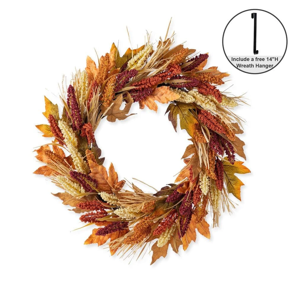 24 In. D Fall Unlit Multi-Colored Sorghum Artificial Christmas Wreath Includes A Complimentary Black Metal Wreath Hanger 8 24 In. D Fall Unlit Multi-Colored Sorghum Artificial Christmas Wreath Includes A Complimentary Black Metal Wreath Hanger - Image 8