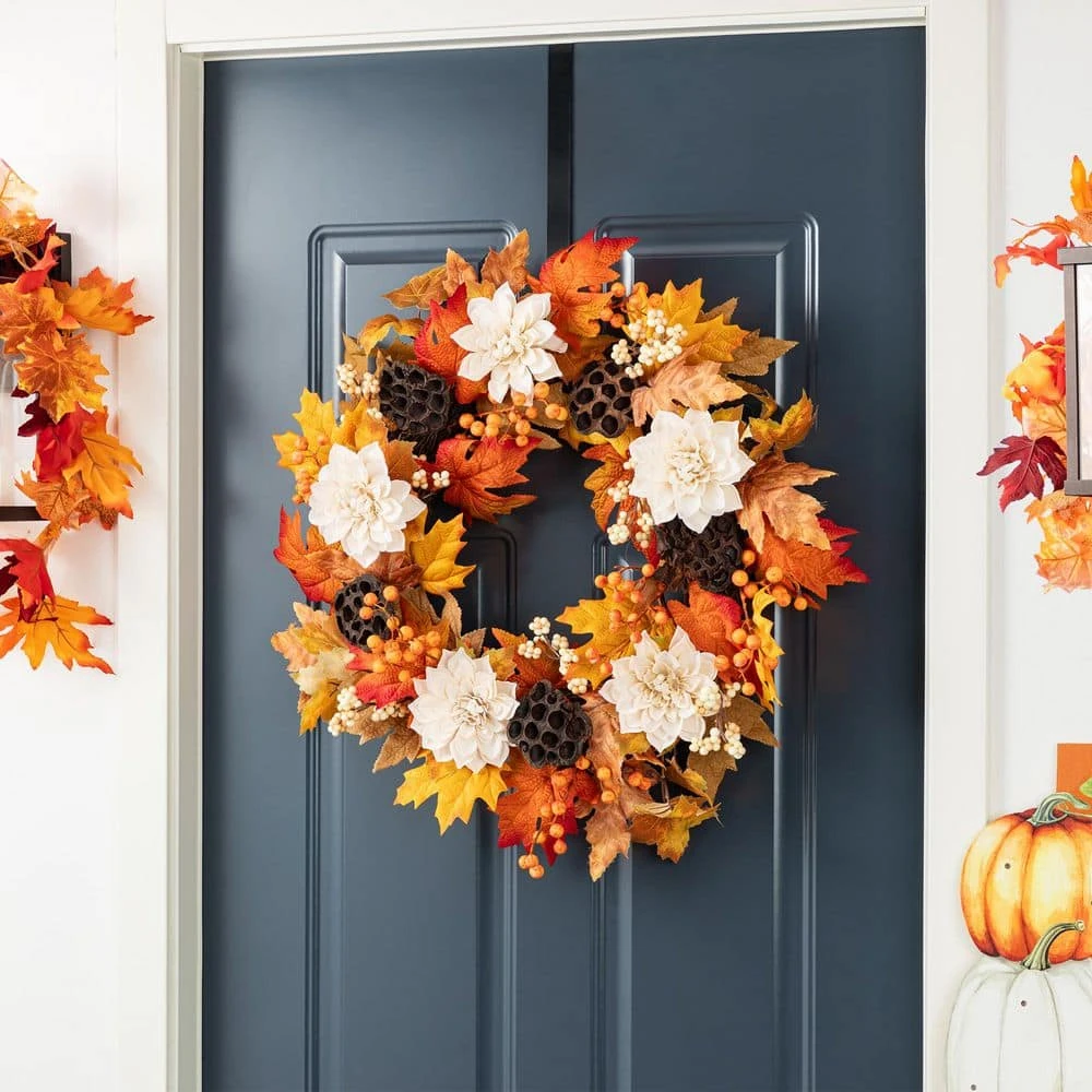 24 In. D Unlit Fall Dahlia, Lotus Pod And Berry Wreath Includes A Complimentary Artificial Christmas Wreath Hanger 8 24 In. D Unlit Fall Dahlia, Lotus Pod And Berry Wreath Includes A Complimentary Artificial Christmas Wreath Hanger - Image 8
