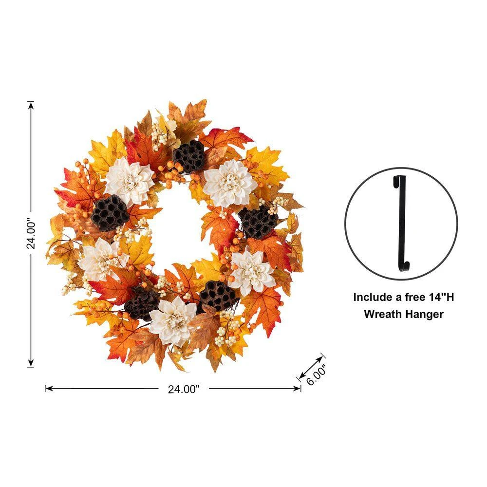 24 In. D Unlit Fall Dahlia, Lotus Pod And Berry Wreath Includes A Complimentary Artificial Christmas Wreath Hanger 5 24 In. D Unlit Fall Dahlia, Lotus Pod And Berry Wreath Includes A Complimentary Artificial Christmas Wreath Hanger - Image 5