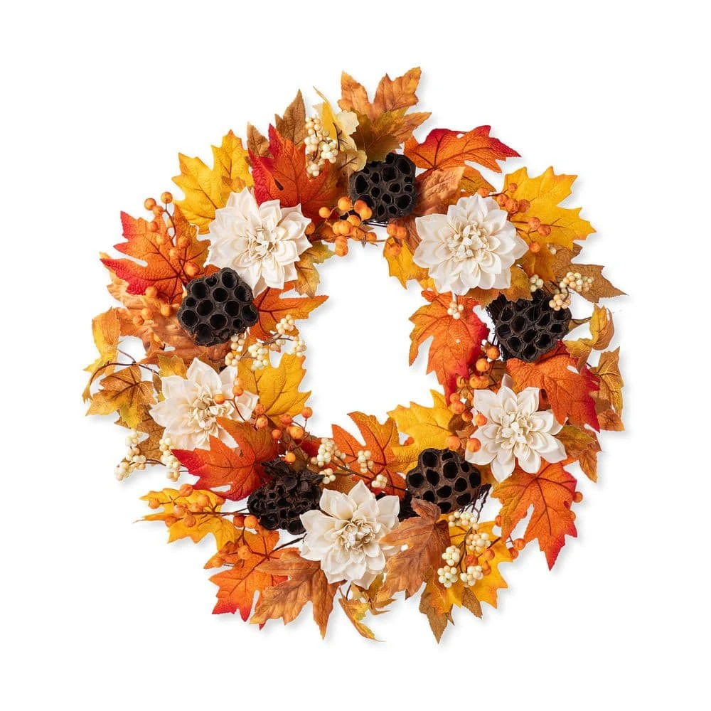 24 In. D Unlit Fall Dahlia, Lotus Pod And Berry Wreath Includes A Complimentary Artificial Christmas Wreath Hanger 1 24 In. D Unlit Fall Dahlia, Lotus Pod And Berry Wreath Includes A Complimentary Artificial Christmas Wreath Hanger