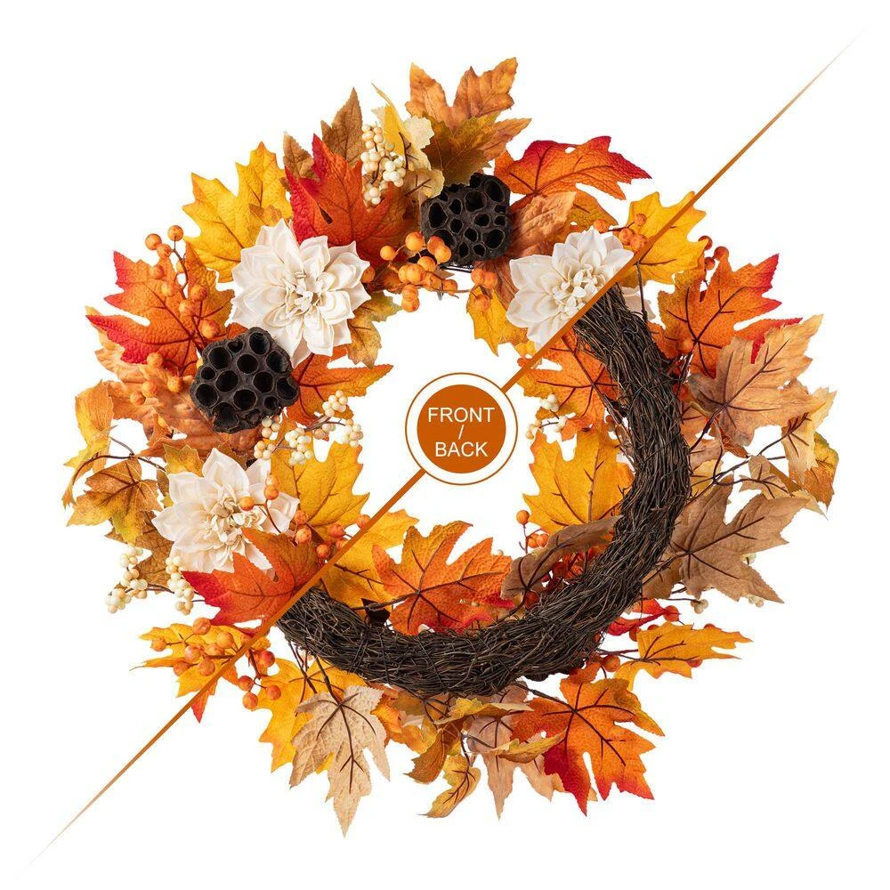 24 In. D Unlit Fall Dahlia, Lotus Pod And Berry Wreath Includes A Complimentary Artificial Christmas Wreath Hanger 4 24 In. D Unlit Fall Dahlia, Lotus Pod And Berry Wreath Includes A Complimentary Artificial Christmas Wreath Hanger - Image 4