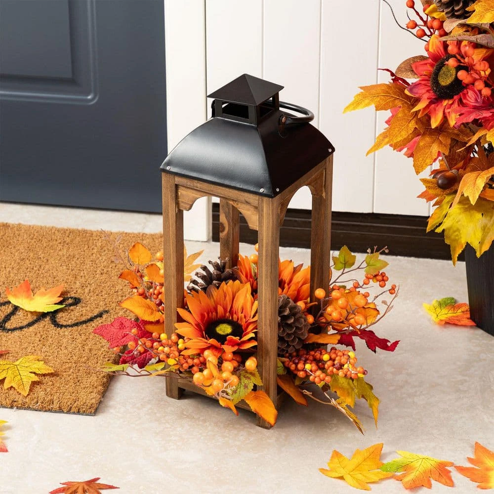 15 In. Fall Unlit Sunflower, Pinecone And Berry Wood Lantern Artificial Christmas Wreath Centerpiece 5 15 In. Fall Unlit Sunflower, Pinecone And Berry Wood Lantern Artificial Christmas Wreath Centerpiece - Image 5