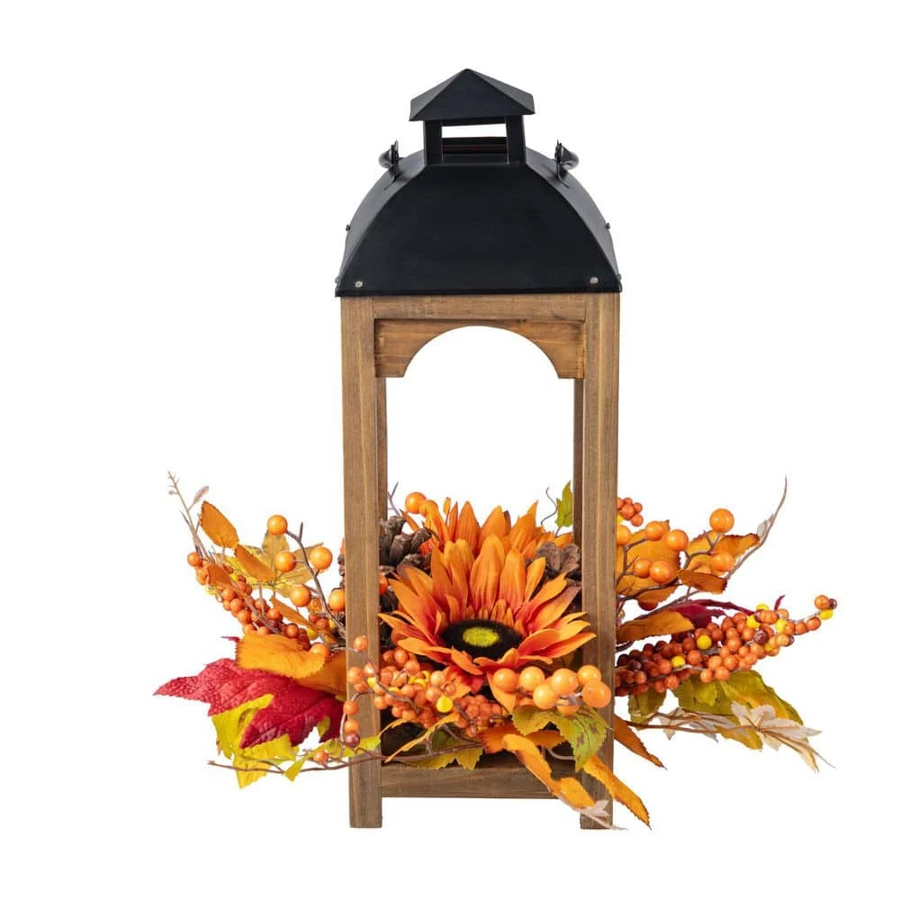 15 In. Fall Unlit Sunflower, Pinecone And Berry Wood Lantern Artificial Christmas Wreath Centerpiece 3 15 In. Fall Unlit Sunflower, Pinecone And Berry Wood Lantern Artificial Christmas Wreath Centerpiece - Image 3