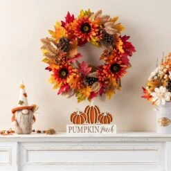 24 In. D Fall Unlit Sunflower, Pinecone And Berry Wreath Includes A Black Metal Artificial Christmas Wreath Hanger 13 24 In. D Fall Unlit Sunflower, Pinecone And Berry Wreath Includes A Black Metal Artificial Christmas Wreath Hanger -The Home Depot Shop glitzhome fall wreaths 2019500027 1f 1000
