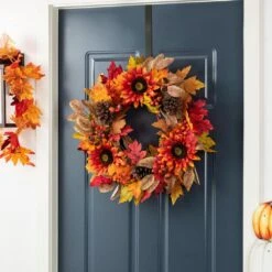 24 In. D Fall Unlit Sunflower, Pinecone And Berry Wreath Includes A Black Metal Artificial Christmas Wreath Hanger 15 24 In. D Fall Unlit Sunflower, Pinecone And Berry Wreath Includes A Black Metal Artificial Christmas Wreath Hanger -The Home Depot Shop glitzhome fall wreaths 2019500027 31 1000