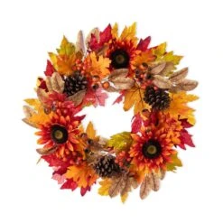 24 In. D Fall Unlit Sunflower, Pinecone And Berry Wreath Includes A Black Metal Artificial Christmas Wreath Hanger