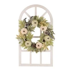 36 In. H Wooden Window Frame With 22 In. D Pumpkin Wreath