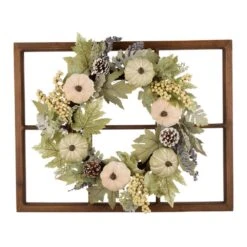 28 In. L Wooden Window Frame With 22 In. D Pumpkin Wreath