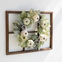 28 In. L Wooden Window Frame With 22 In. D Pumpkin Wreath -The Home Depot Shop glitzhome indoor fall decorations 2005500033 d4 1000