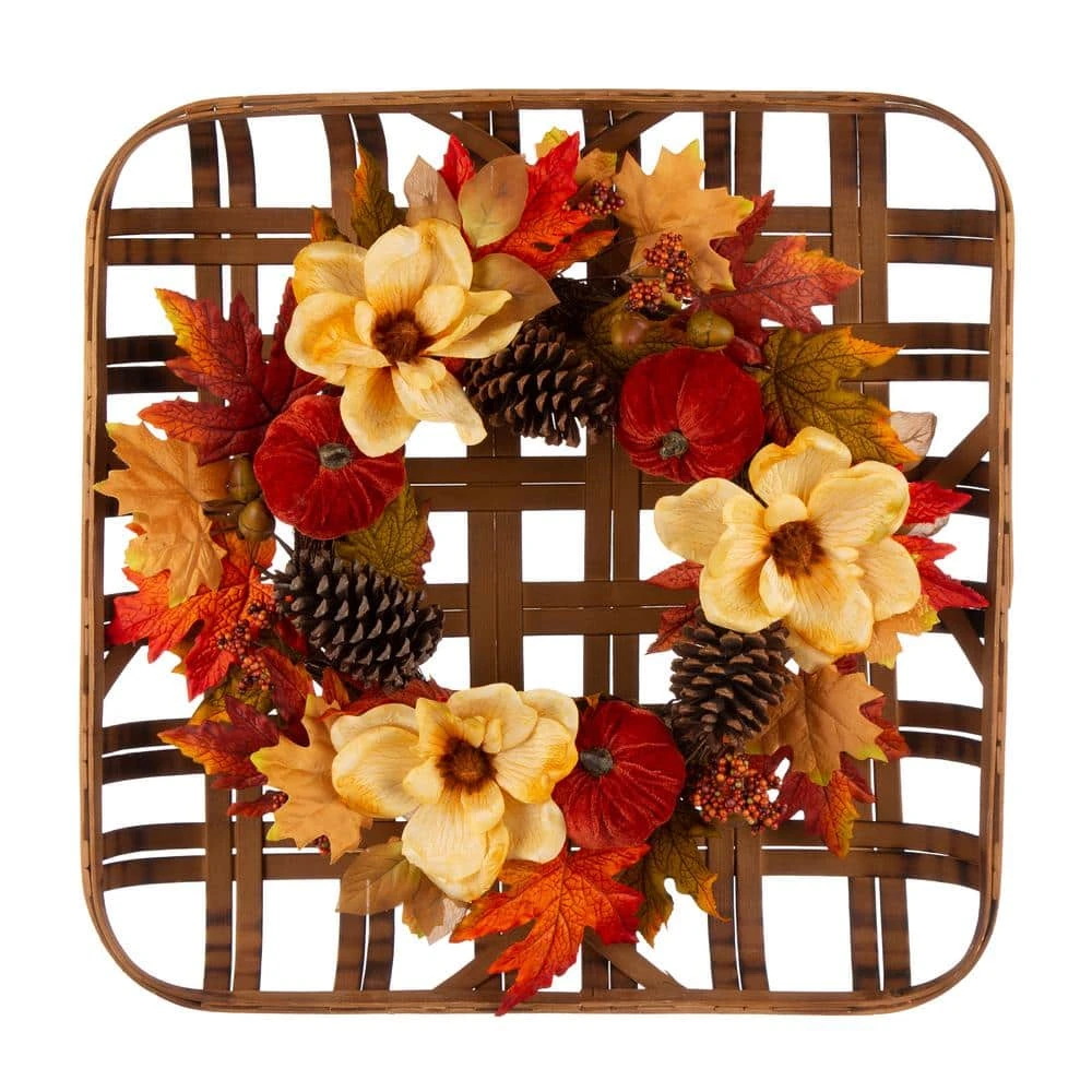24 In. L Bamboo Tobacco Basket With 22 In. D Blooming Magnolia Wreath 1 24 In. L Bamboo Tobacco Basket With 22 In. D Blooming Magnolia Wreath