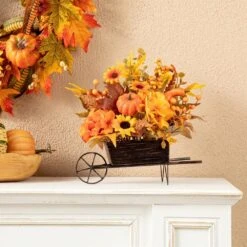 12 In. H Fall Floral Cart Centerpiece -The Home Depot Shop glitzhome indoor fall decorations 2019500016 77 1000