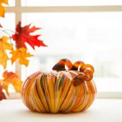 8.66 In. D X 6.69 In. H Multi-Striped Glass Large Pumpkin -The Home Depot Shop glitzhome indoor fall decorations gh1209003456 31 1000
