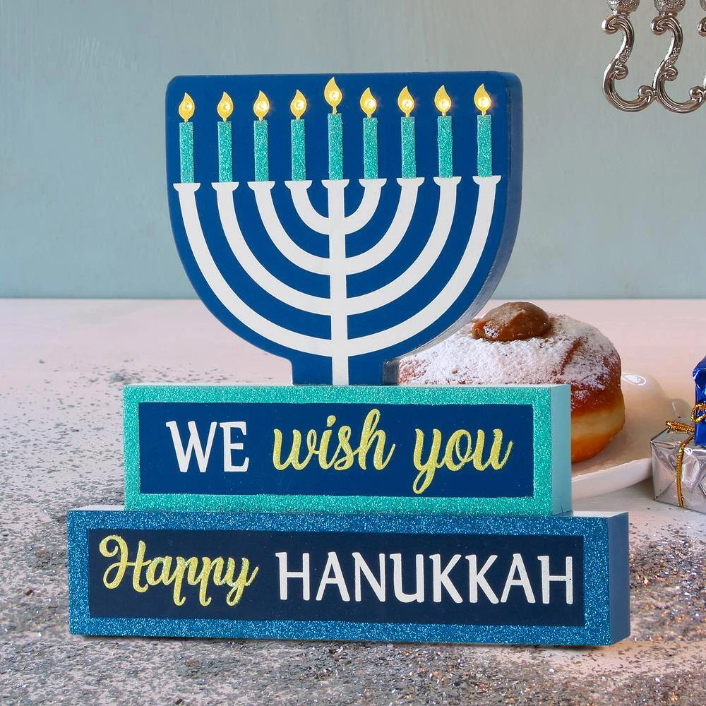 12 In. H Wooden Hanukkah Block Word Sign Lighted 3 12 In. H Wooden Hanukkah Block Word Sign Lighted - Image 3