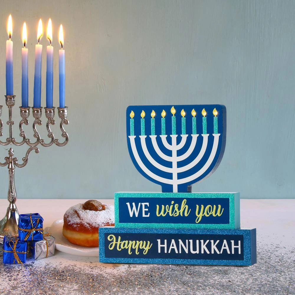 12 In. H Wooden Hanukkah Block Word Sign Lighted 2 12 In. H Wooden Hanukkah Block Word Sign Lighted - Image 2