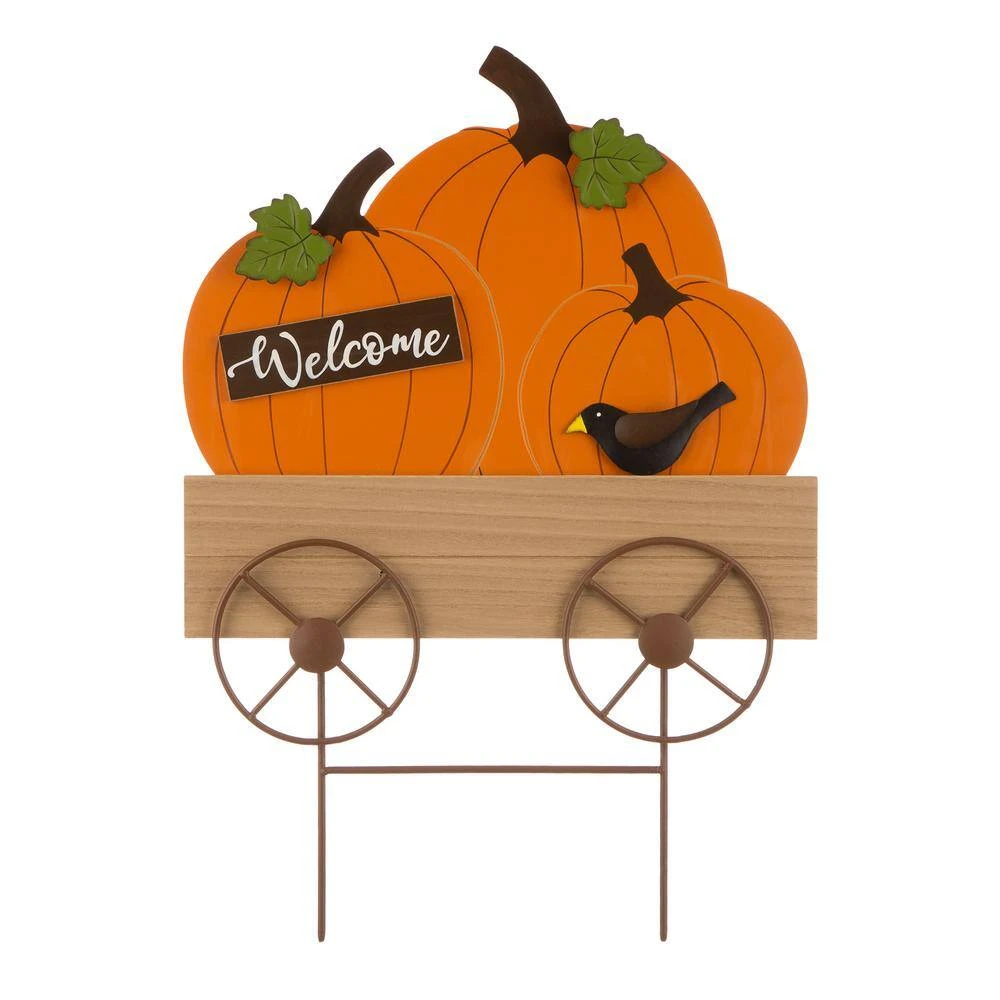 26.38 In. H Fall Metal/Wooden Pumpkin Cart Yard Stake/Hanging Decor (KD, 2-Function) 2 26.38 In. H Fall Metal/Wooden Pumpkin Cart Yard Stake/Hanging Decor (KD, 2-Function) - Image 2