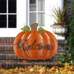 29.72 In. H Fall Metal Pumpkin Yard Stake/Standing/Hanging Sign (KD, 3-Function) -The Home Depot Shop glitzhome outdoor fall decorations 2005600008 31 1000
