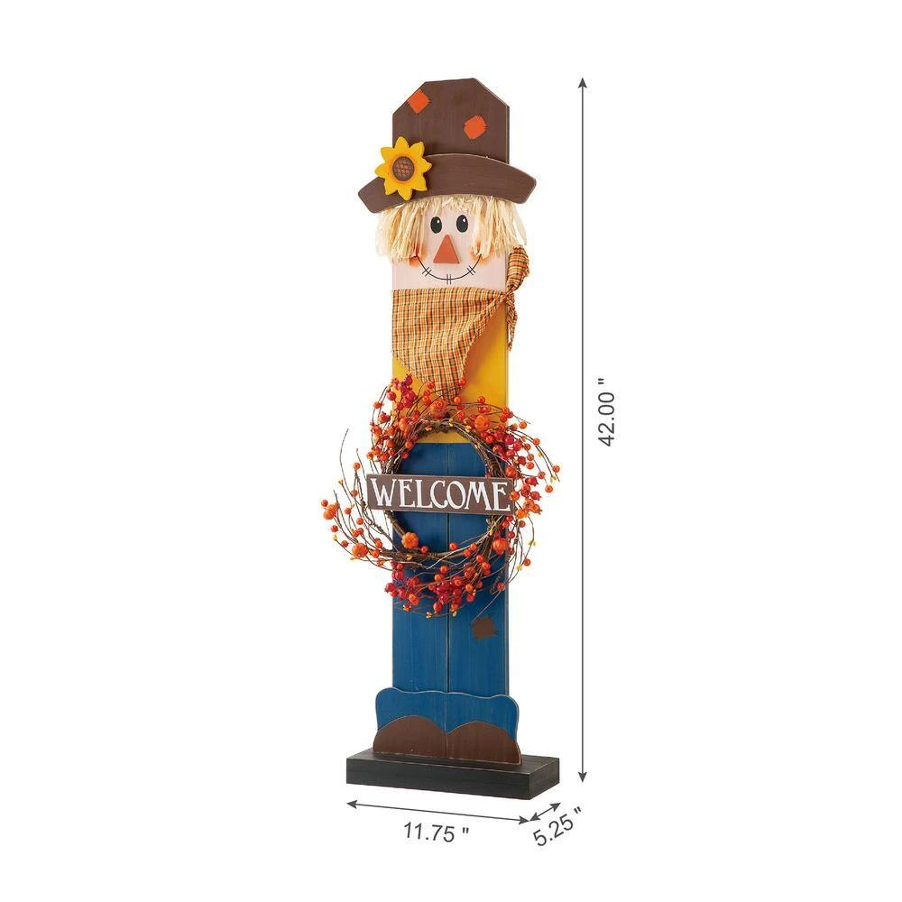 42 In. H Fall Lighted Wooden Scarecrow Porch Decor With Wreath 5 42 In. H Fall Lighted Wooden Scarecrow Porch Decor With Wreath - Image 5