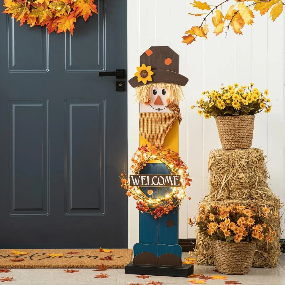 42 In. H Fall Lighted Wooden Scarecrow Porch Decor With Wreath 1 42 In. H Fall Lighted Wooden Scarecrow Porch Decor With Wreath