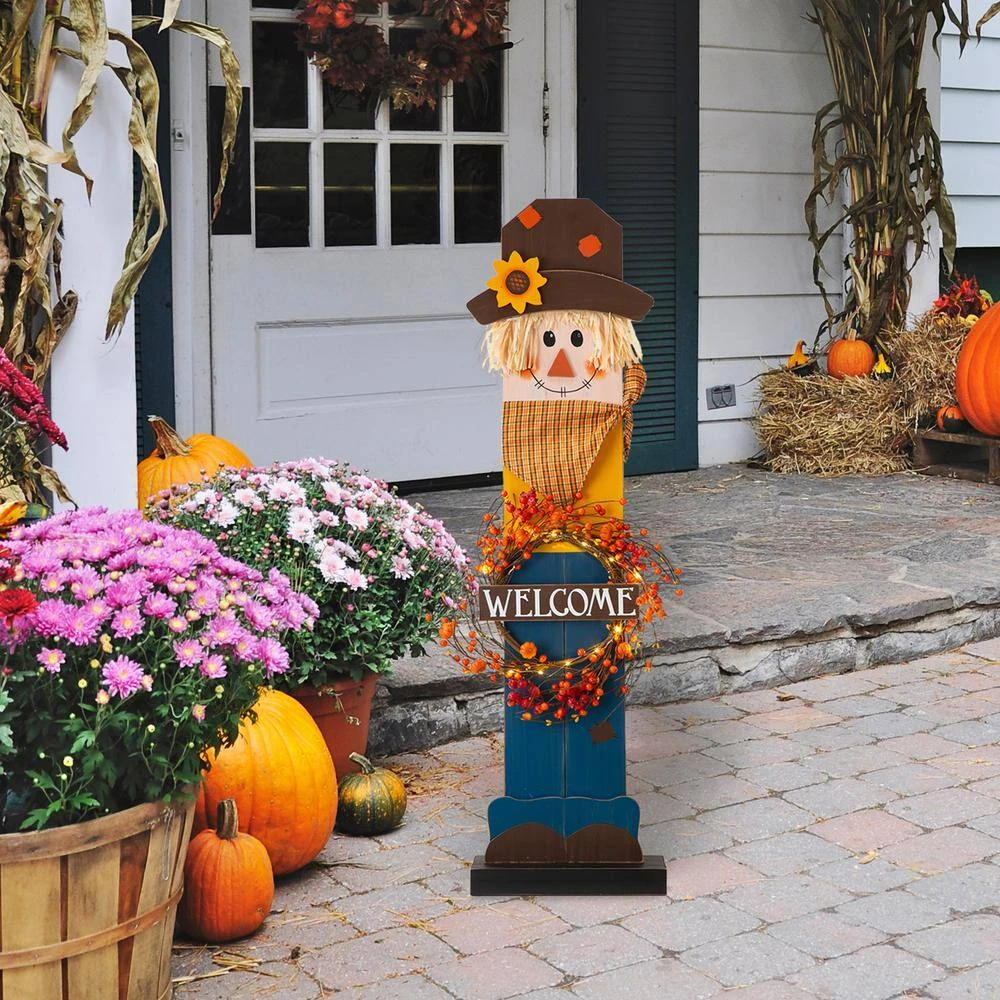 42 In. H Fall Lighted Wooden Scarecrow Porch Decor With Wreath 3 42 In. H Fall Lighted Wooden Scarecrow Porch Decor With Wreath - Image 3