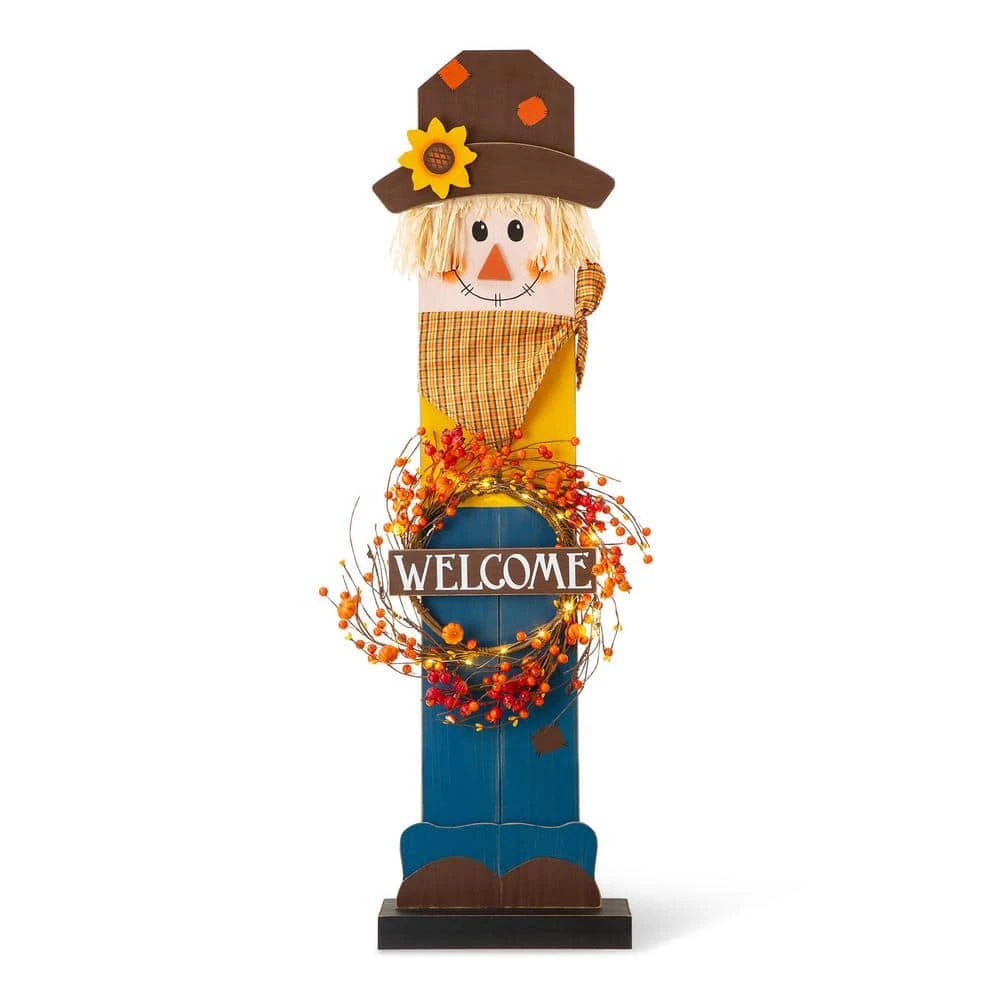 42 In. H Fall Lighted Wooden Scarecrow Porch Decor With Wreath 2 42 In. H Fall Lighted Wooden Scarecrow Porch Decor With Wreath - Image 2