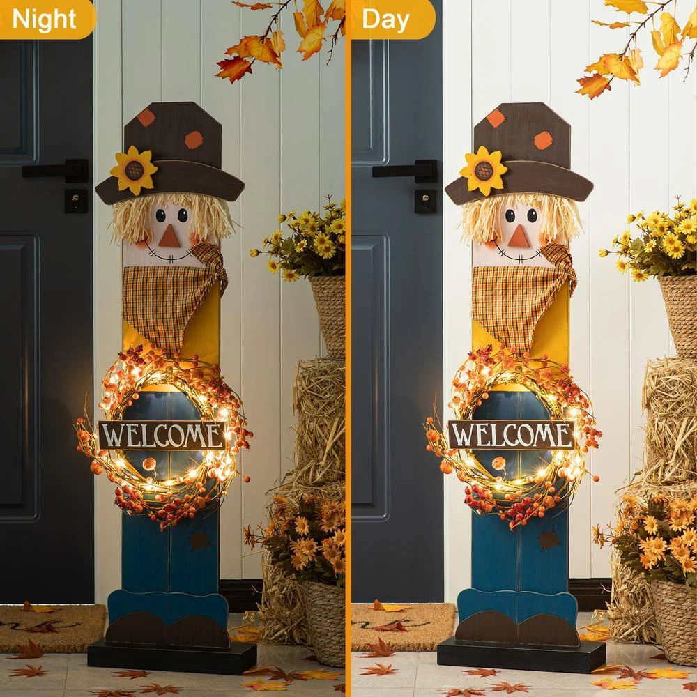 42 In. H Fall Lighted Wooden Scarecrow Porch Decor With Wreath 7 42 In. H Fall Lighted Wooden Scarecrow Porch Decor With Wreath - Image 7