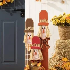 36.25 In. H Lighted Wooden Scarecrow Family Fall Porch Decor With Wreath -The Home Depot Shop glitzhome outdoor fall decorations 2005600028 1f 1000